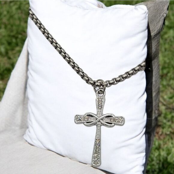 Rhinestone Infinity Cross Pendant Women's Silver Stainless Steel Necklace Gift - Picture 2 of 9